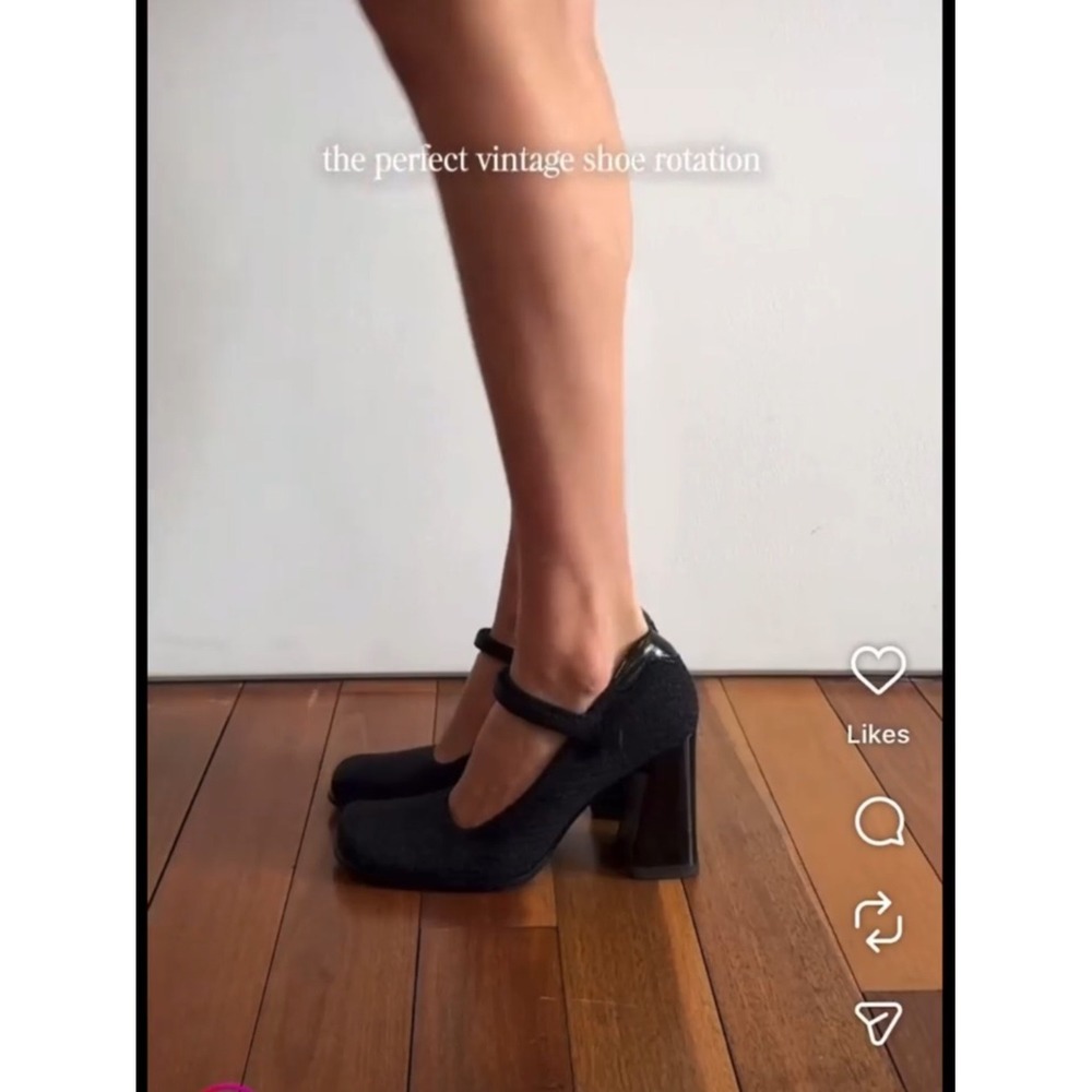 Prada Vintage 90s Black Charcoal Wool Mary Jane‎ Block Heels Ankle Strap 39.5
